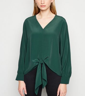 Dark Green Long Sleeve Tie Front Blouse | New Look