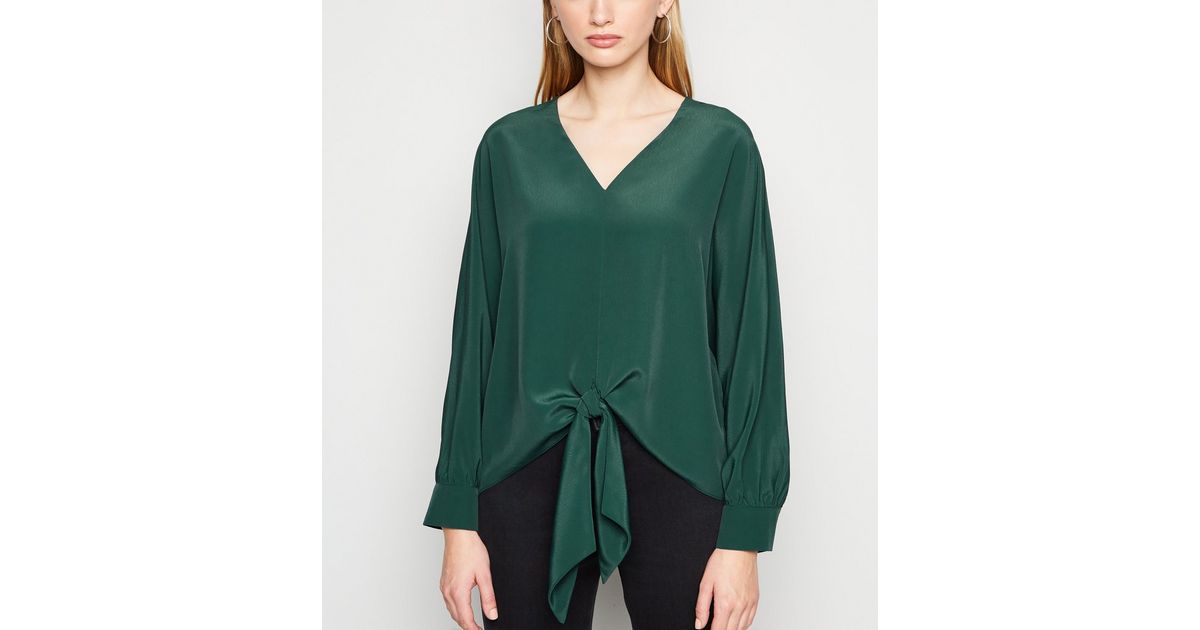 Dark Green Long Sleeve Tie Front Blouse New Look