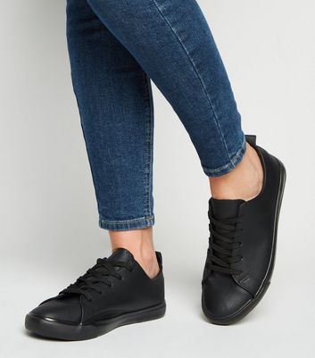 Wide Fit Black Leather-Look Trainers 