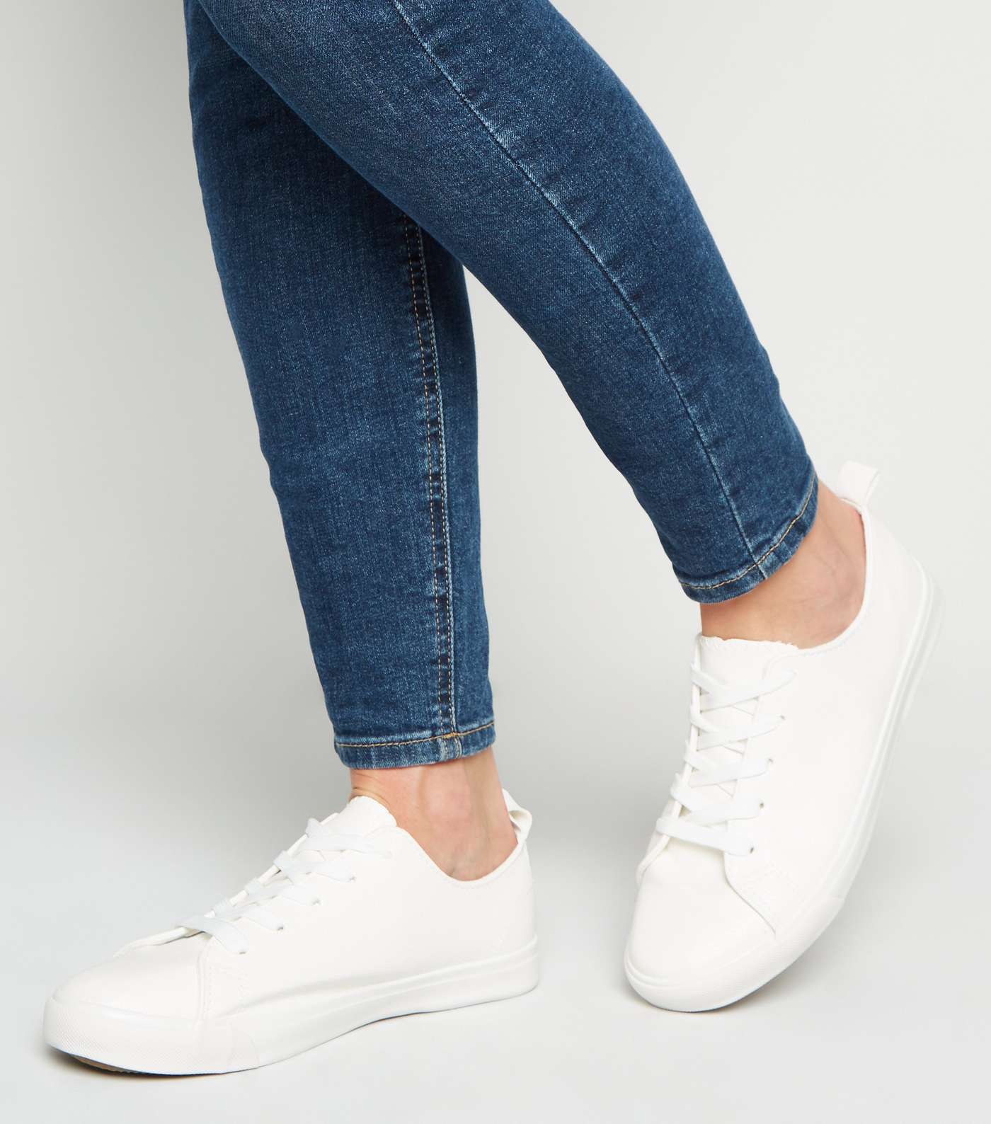 Wide Fit White Leather-Look Trainers Image 2
