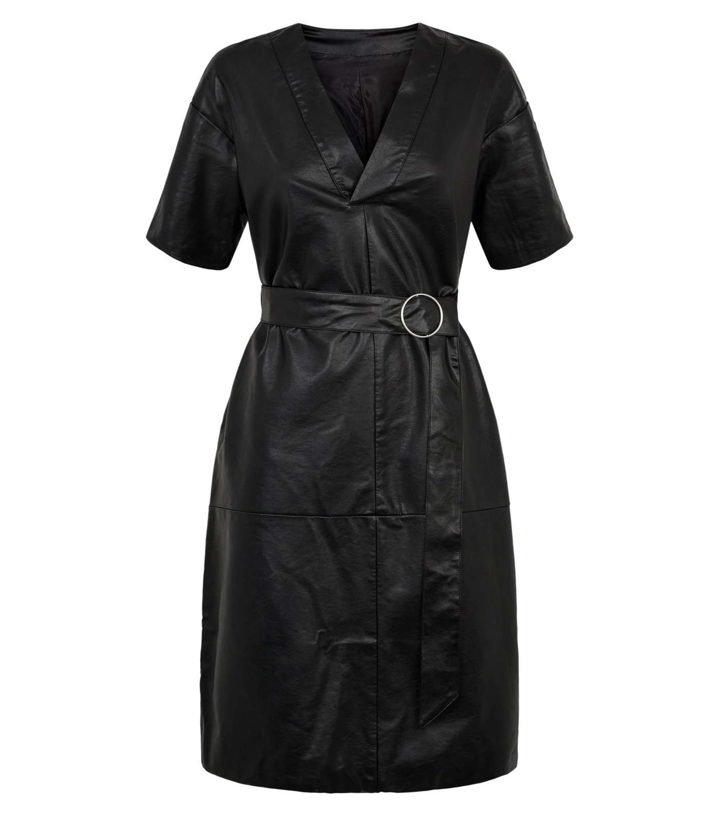 NA-KD Black Coated Leather-Look Belted Dress Image 4