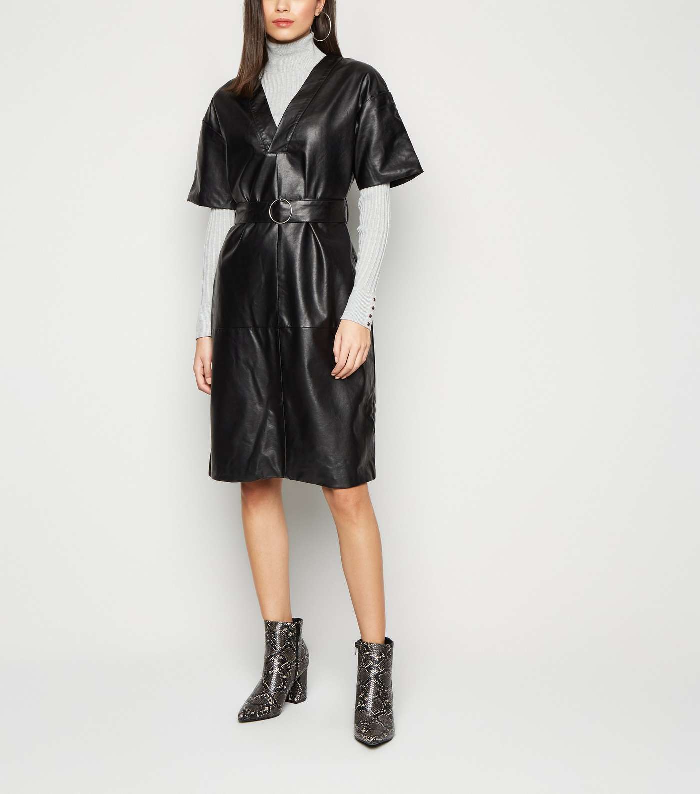 NA-KD Black Coated Leather-Look Belted Dress Image 2