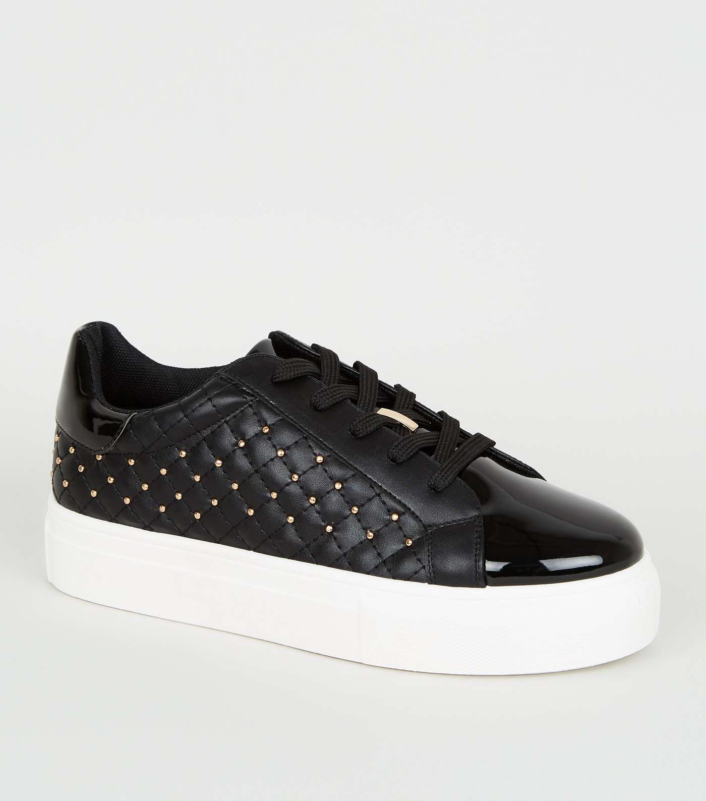 Black Leather-Look and Patent Quilted Trainers