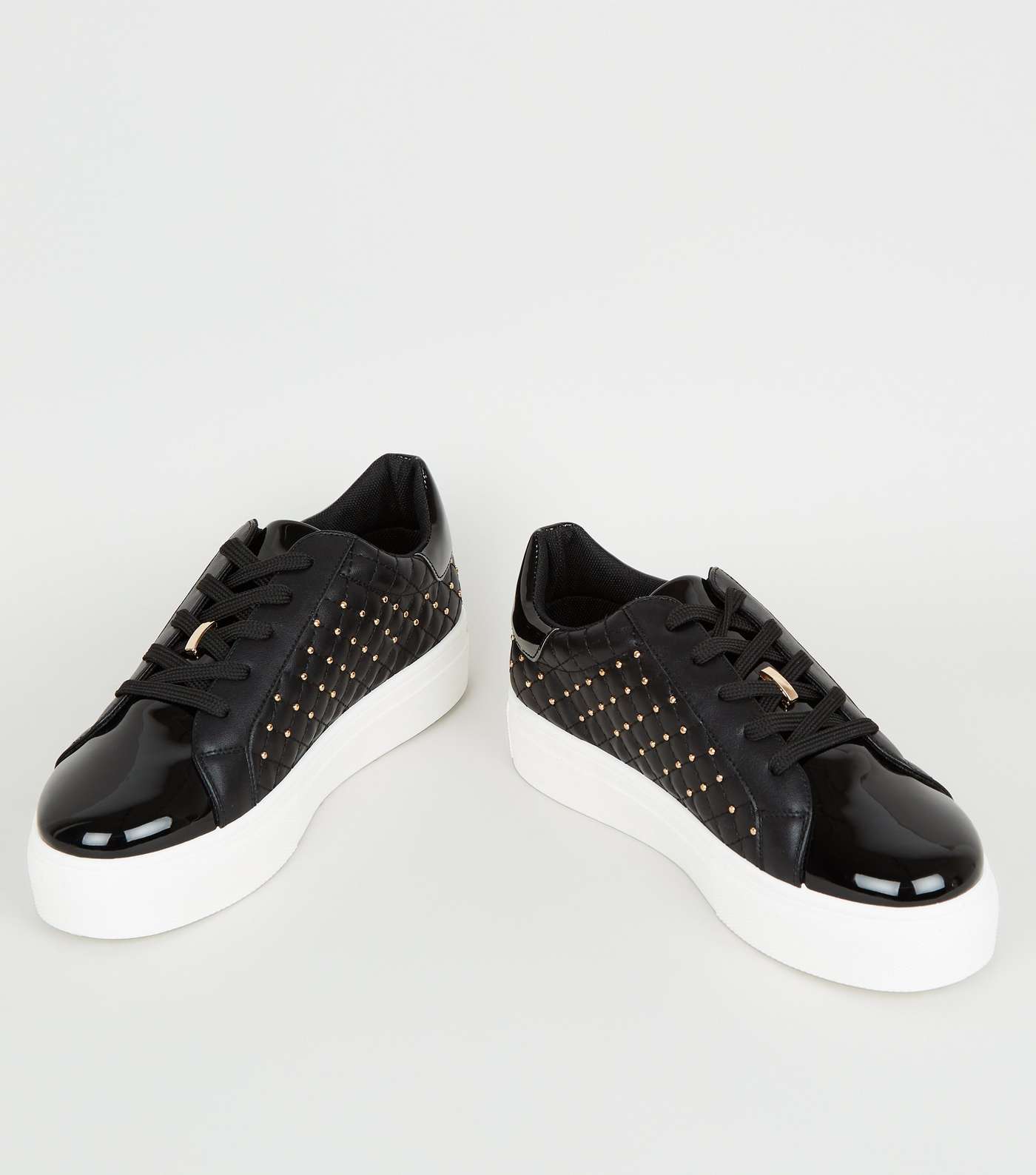 Black Leather-Look and Patent Quilted Trainers Image 3