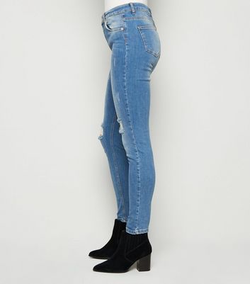 NA-KD high waist skinny ripped jeans in mid blue