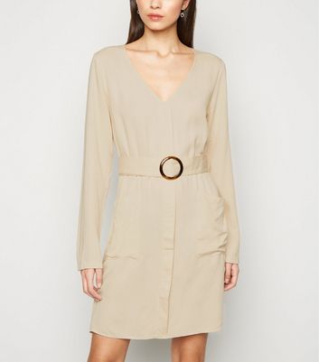 Image of NA-KD Cream Belted Long Sleeve Dress New Look
