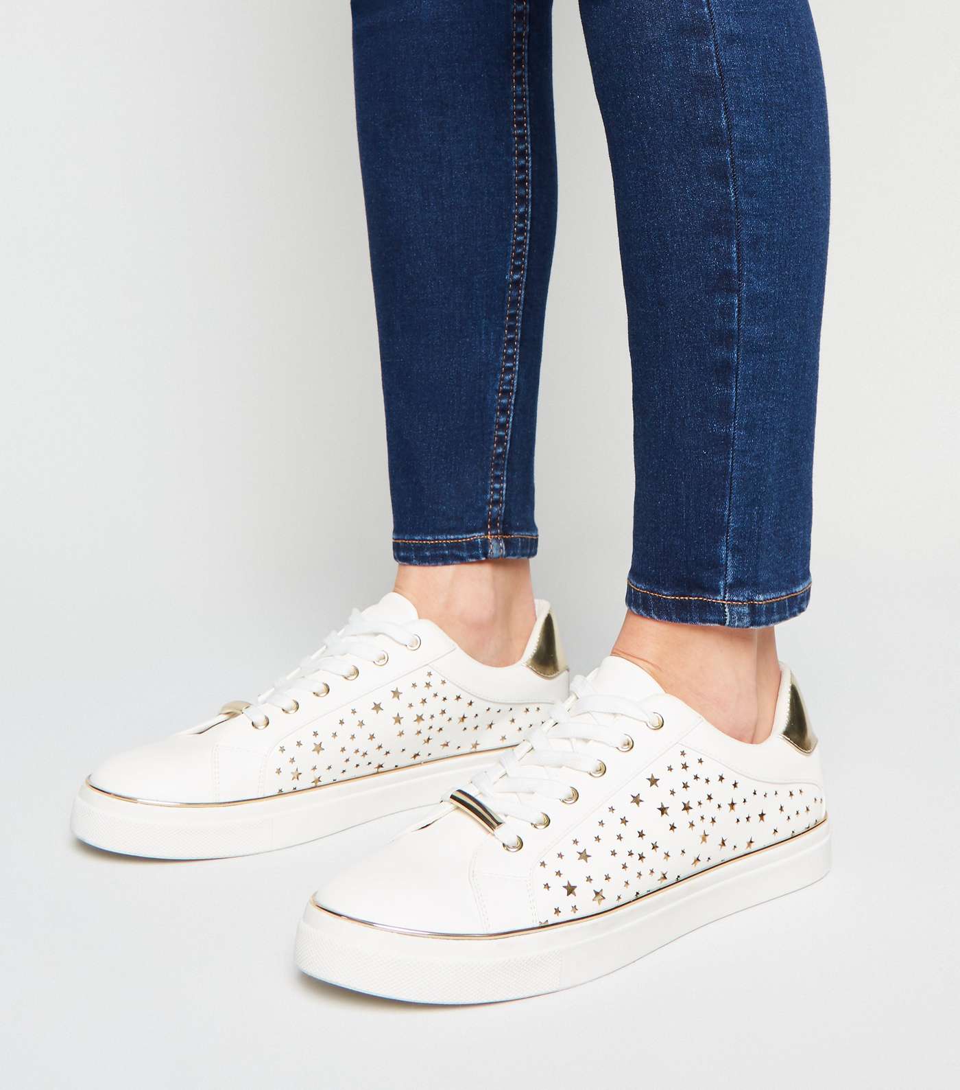 White Leather-Look Metallic Star Side Trainers Image 2
