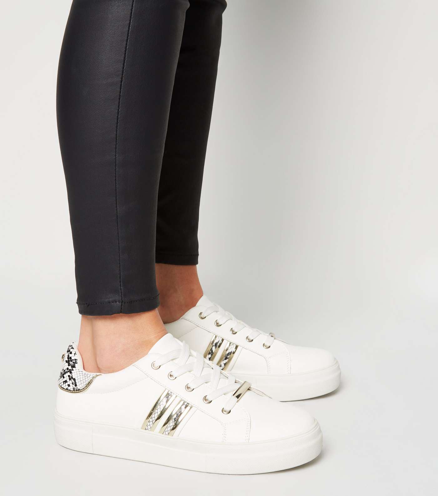 White Leather-Look Faux Snake Trim Trainers Image 2