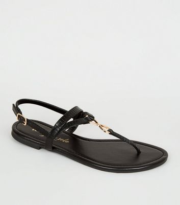 Black Faux Snake Metal Ring Sandals | New Look