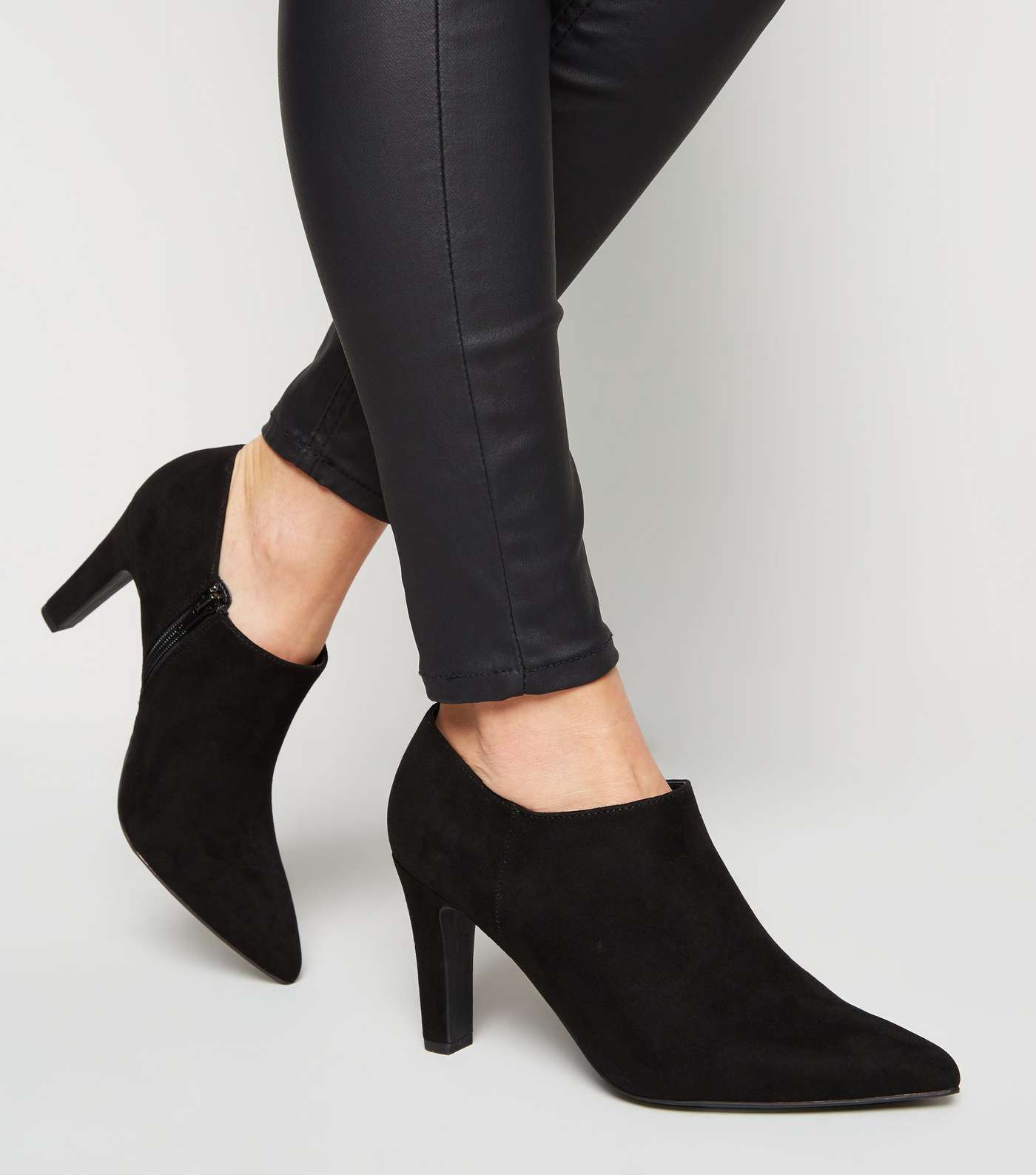 Black Suedette Pointed Toe Heeled Shoe Boots Image 2