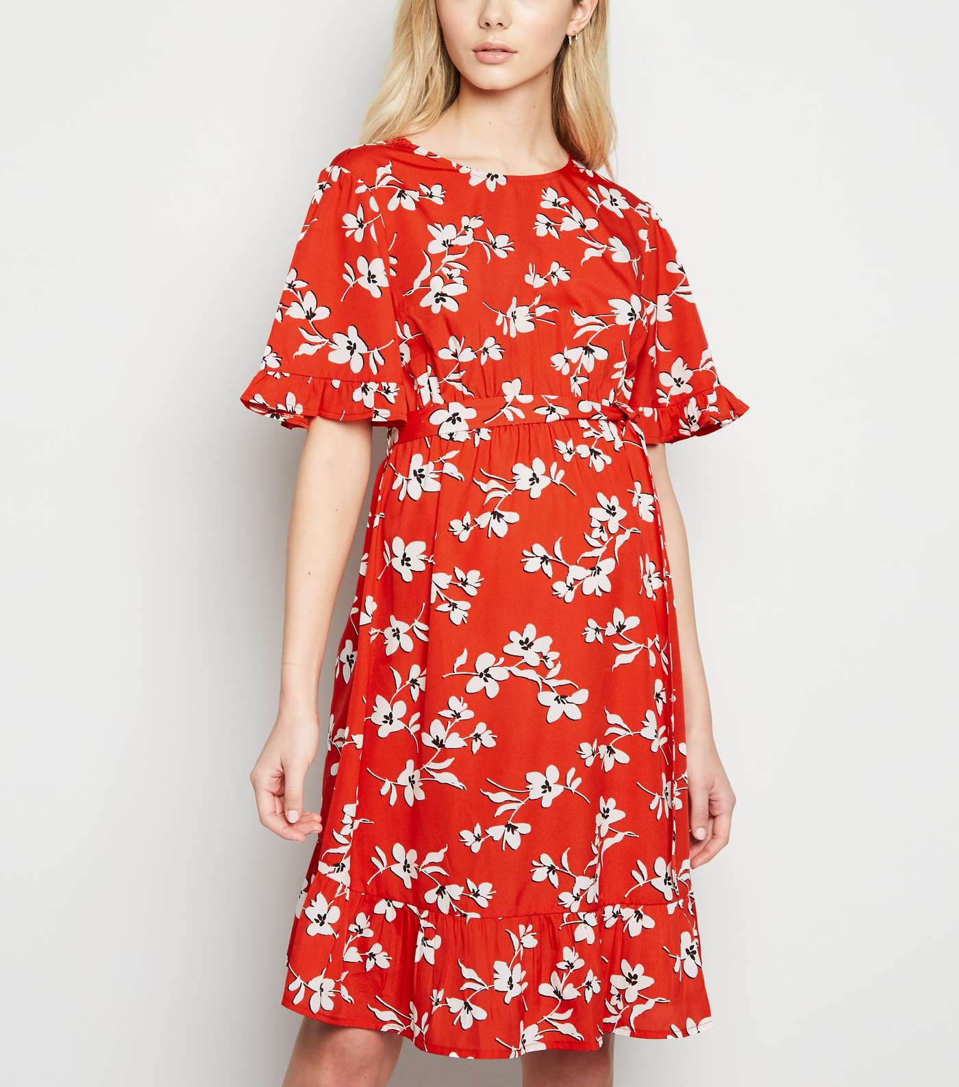 Maternity Red Floral Frill Hem Mini Dress