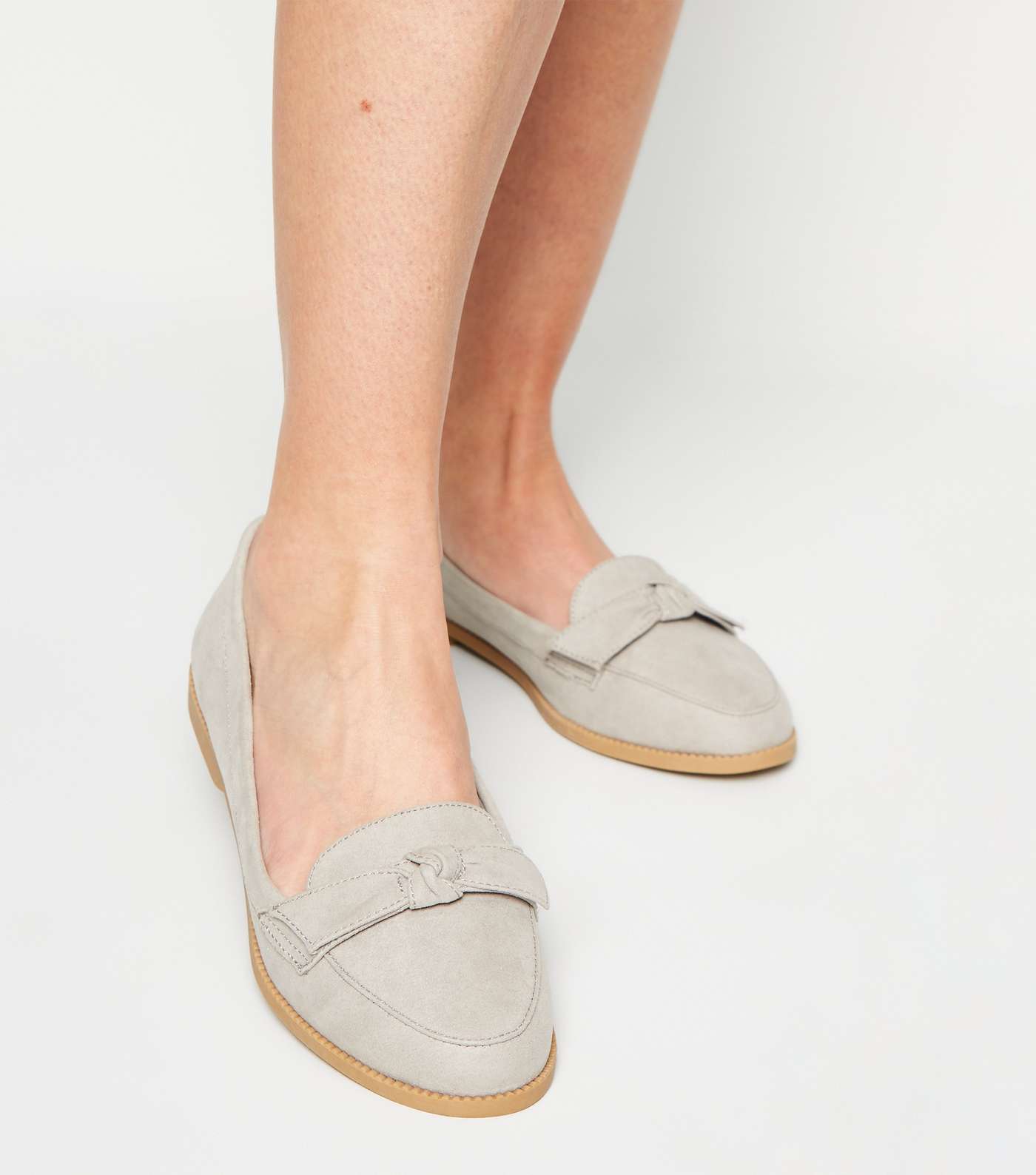 Wide Fit Grey Suedette Bow Loafers Image 2