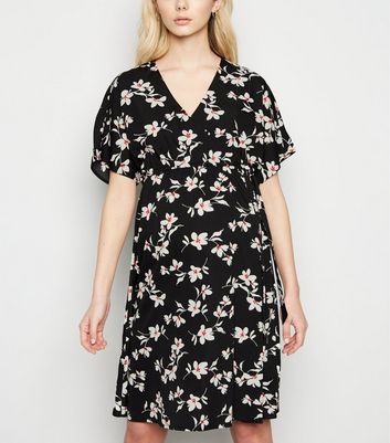 Maternity Black Floral Wrap Mini Dress 
