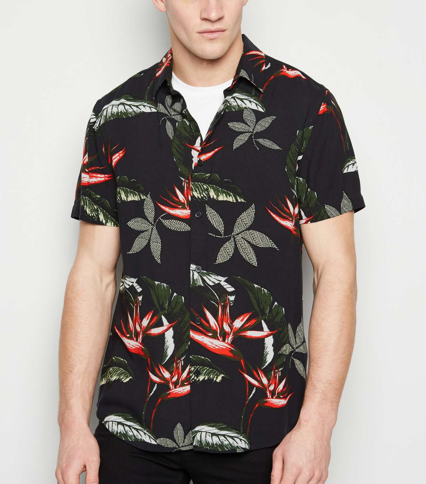 Black Tropical Floral Short Sleeve Shirt