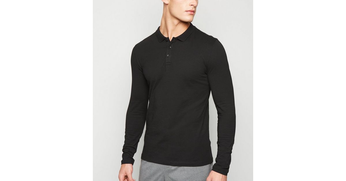 Black Long Sleeve Muscle Fit Polo Shirt New Look