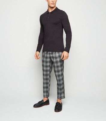 Image of Dark Grey Long Sleeve Muscle Fit Polo Shirt New Look