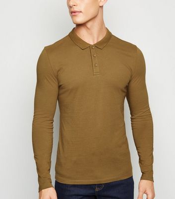 Image of Camel Long Sleeve Muscle Fit Polo Shirt New Look