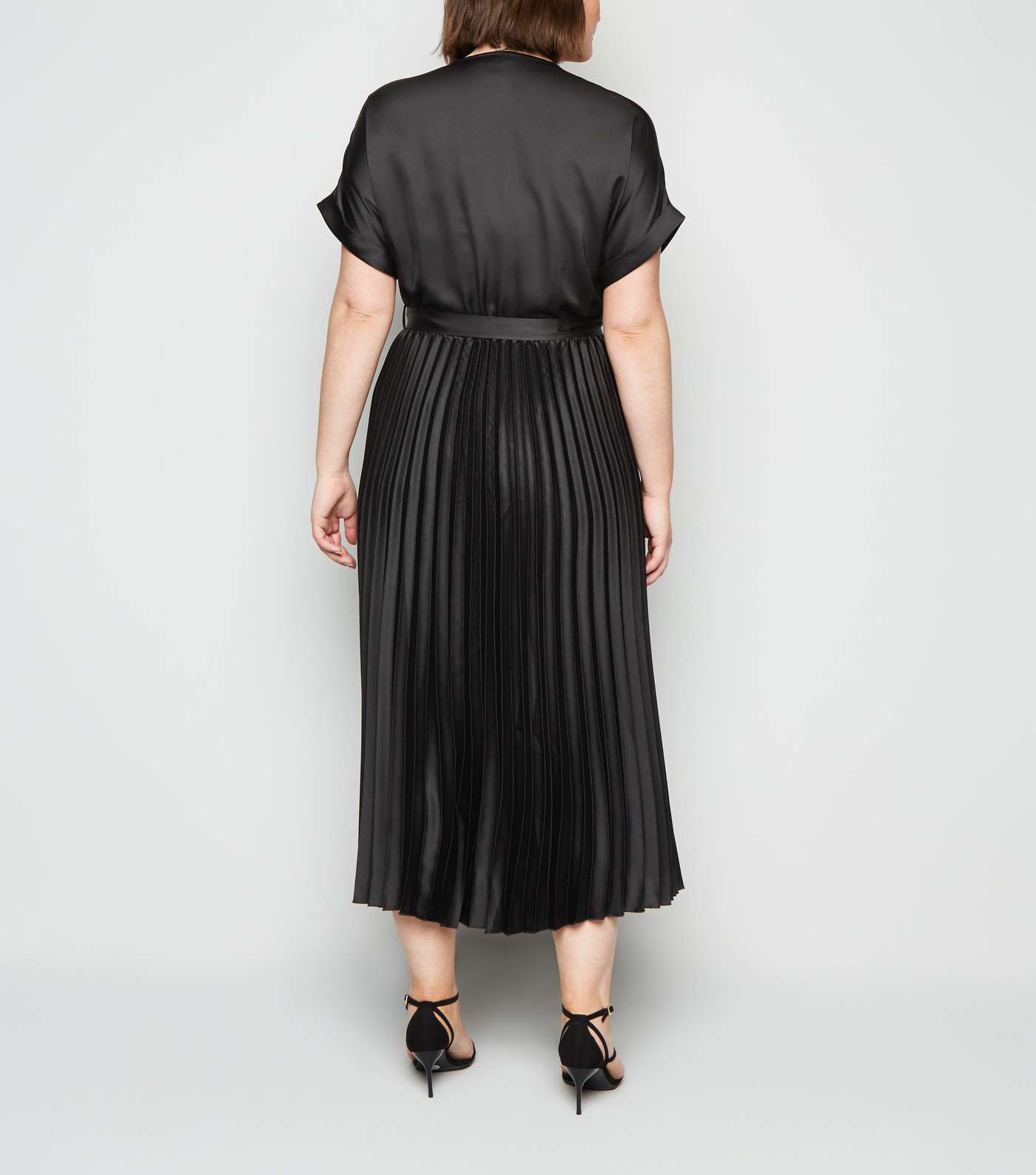 Curves Black Satin Pleated Midi Dress Image 3