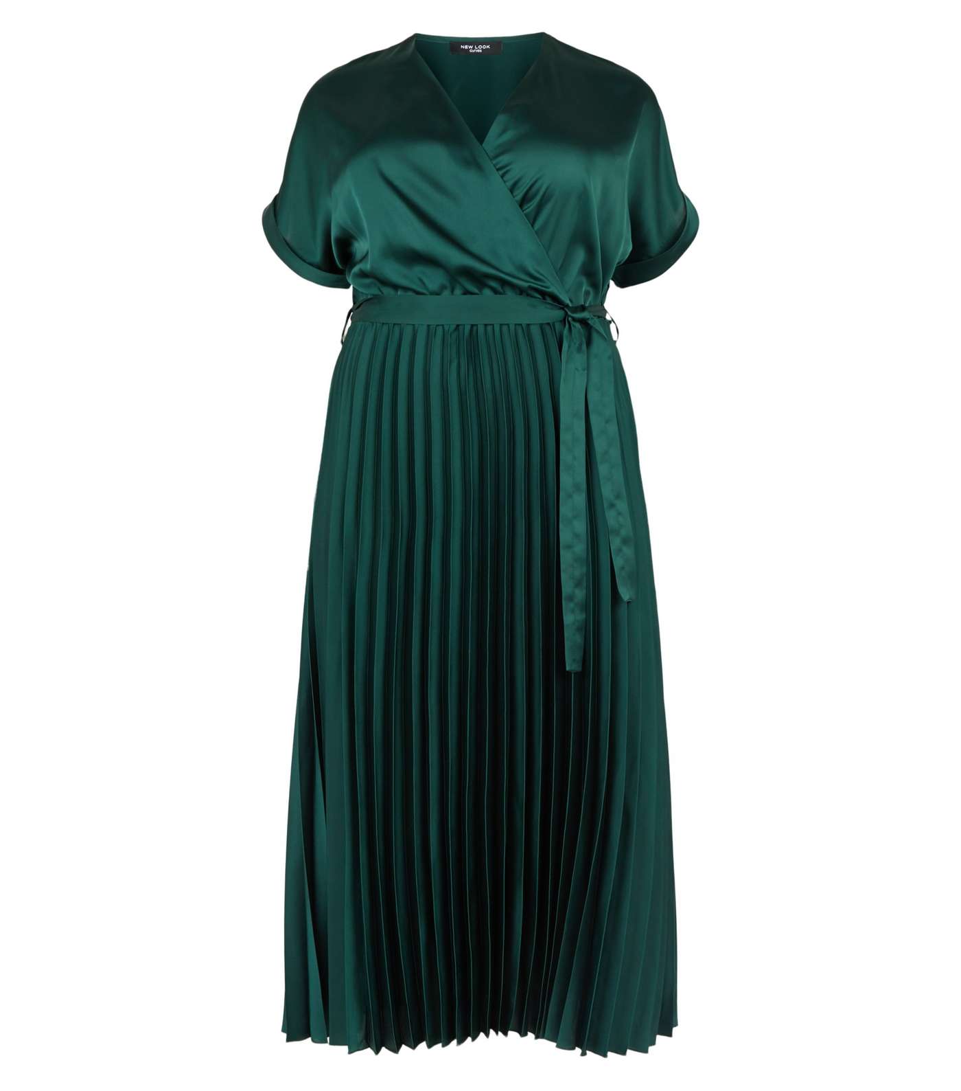 Curves Dark Green Satin Pleated Midi Dress Image 4