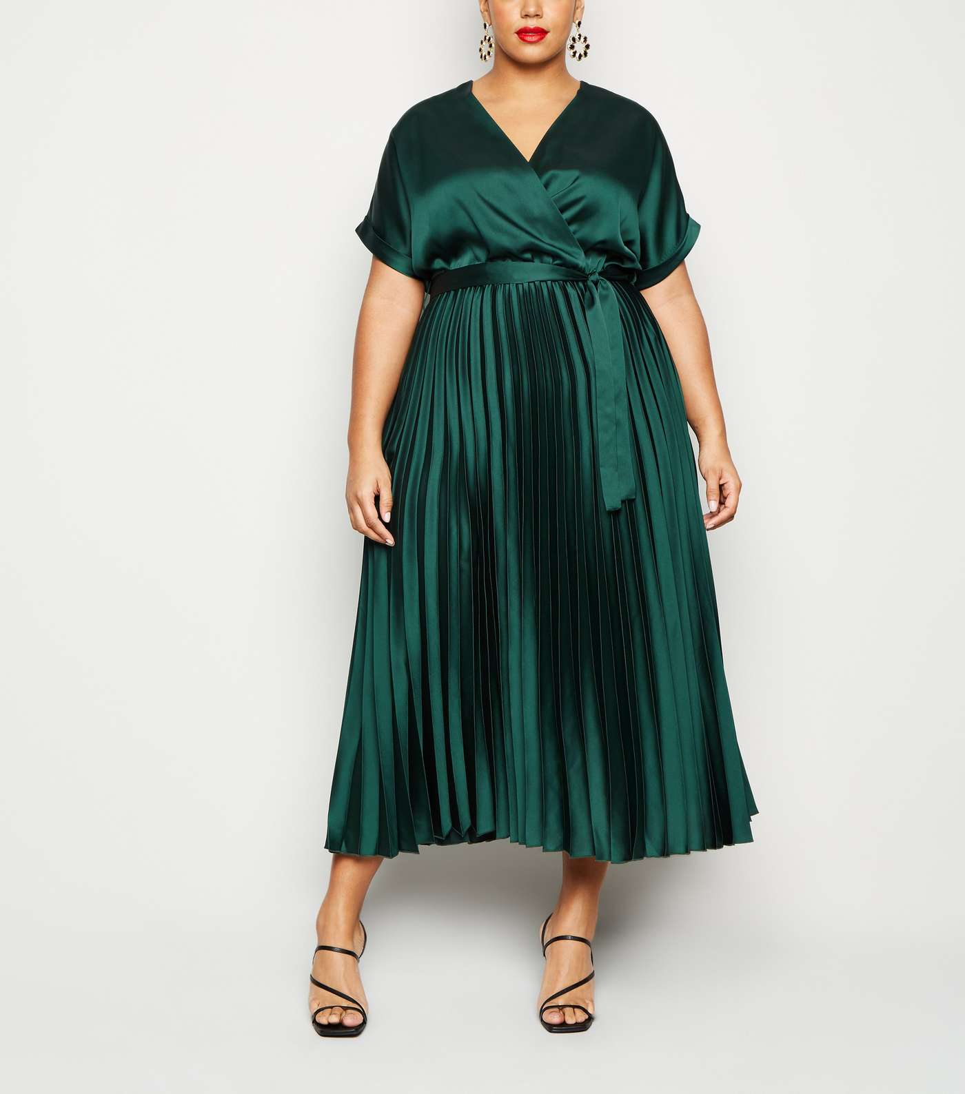 Curves Dark Green Satin Pleated Midi Dress Image 2