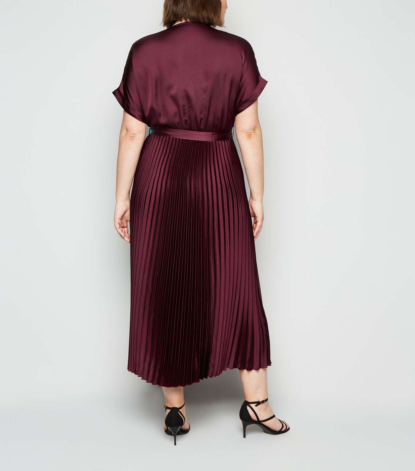 Curves Burgundy Satin Pleated Midi Dress Image 3