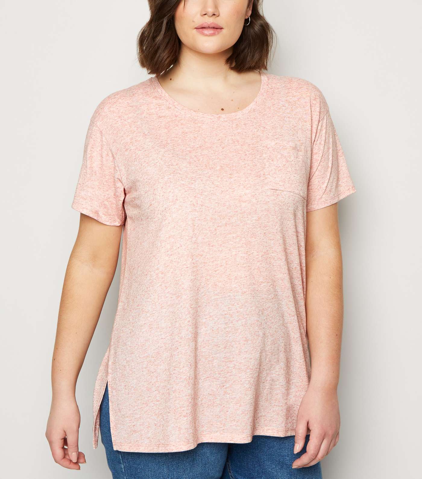 Curves Pale Pink Marl Pocket Front T-Shirt