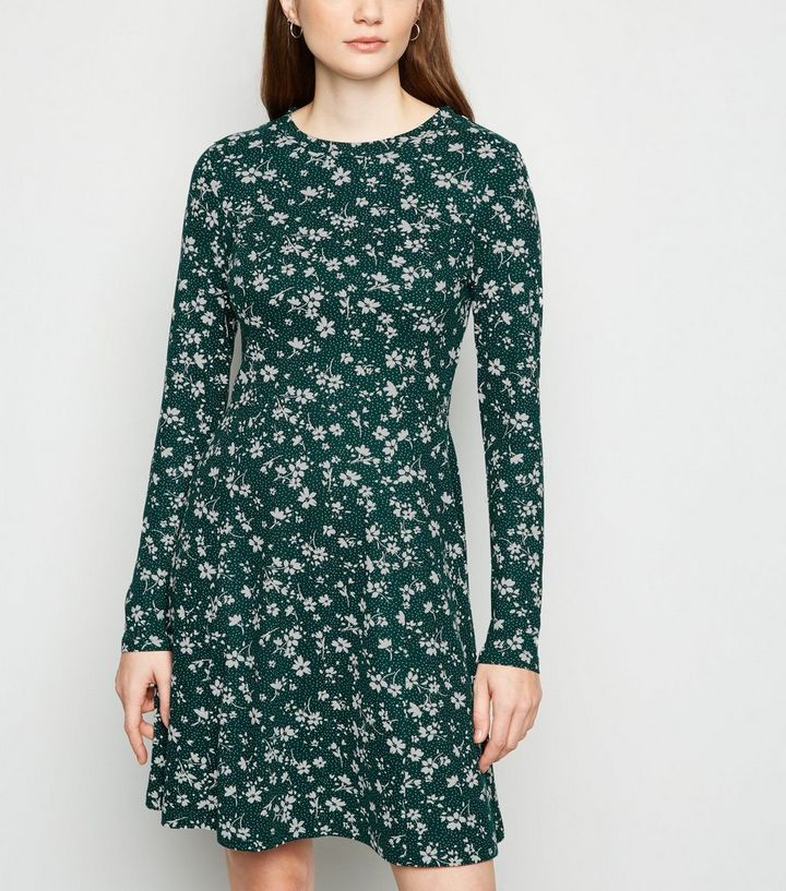 Green Floral Spot Skater Dress New Look