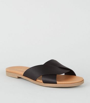 Wide Fit Black Footbed Sliders | New Look