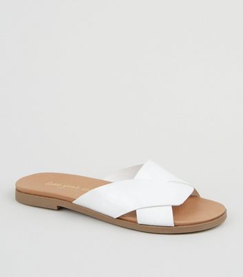 Wide Fit White Faux Croc Footbed Sliders | New Look