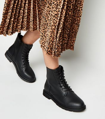 Wide Fit Black Lace Up Flat Ankle Boots 