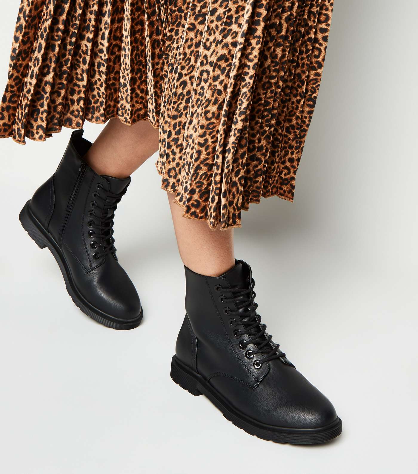 Wide Fit Black Lace Up Flat Ankle Boots Image 2