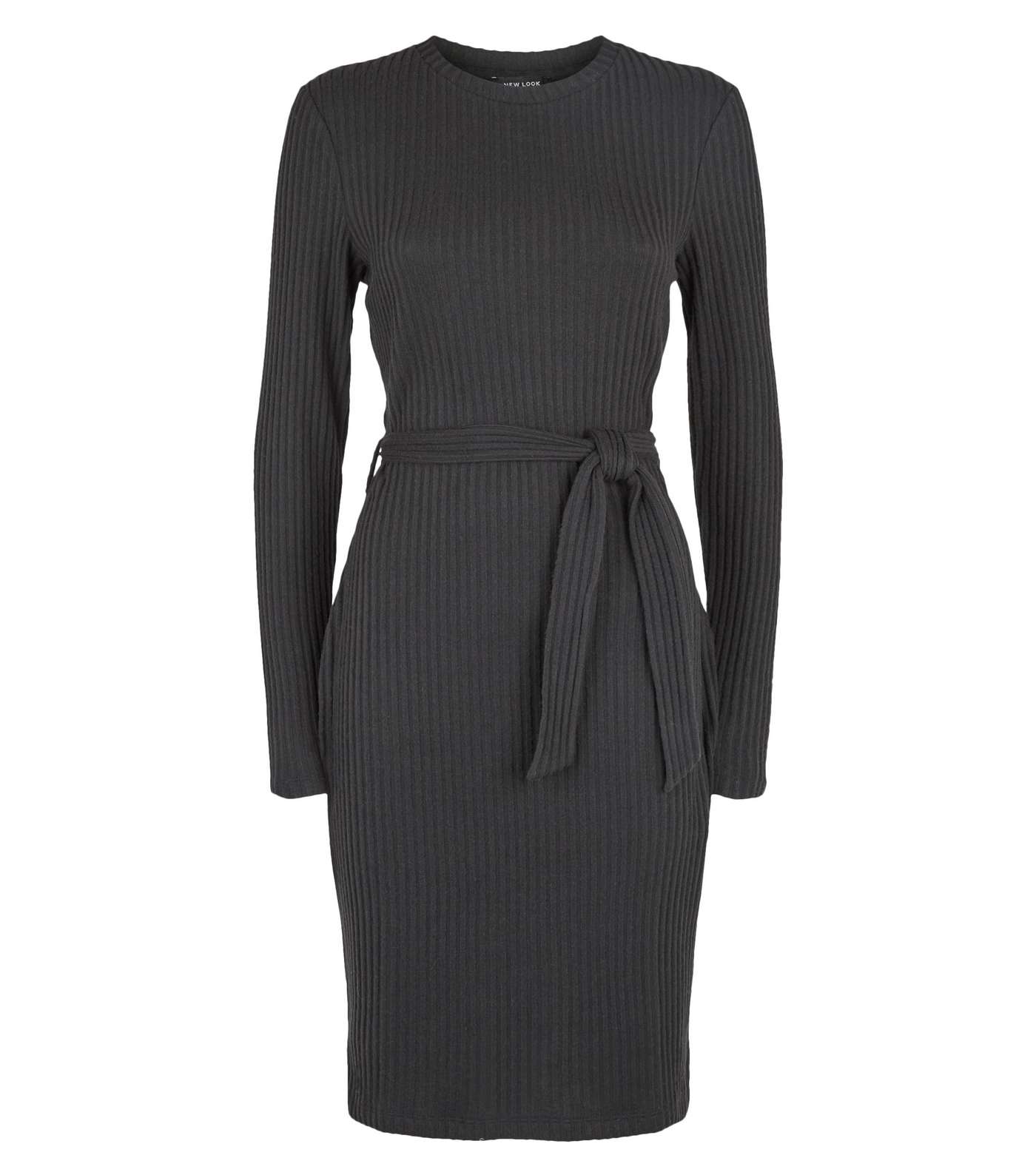 Tall Black Ribbed Knit Belted Tunic Dress Image 4