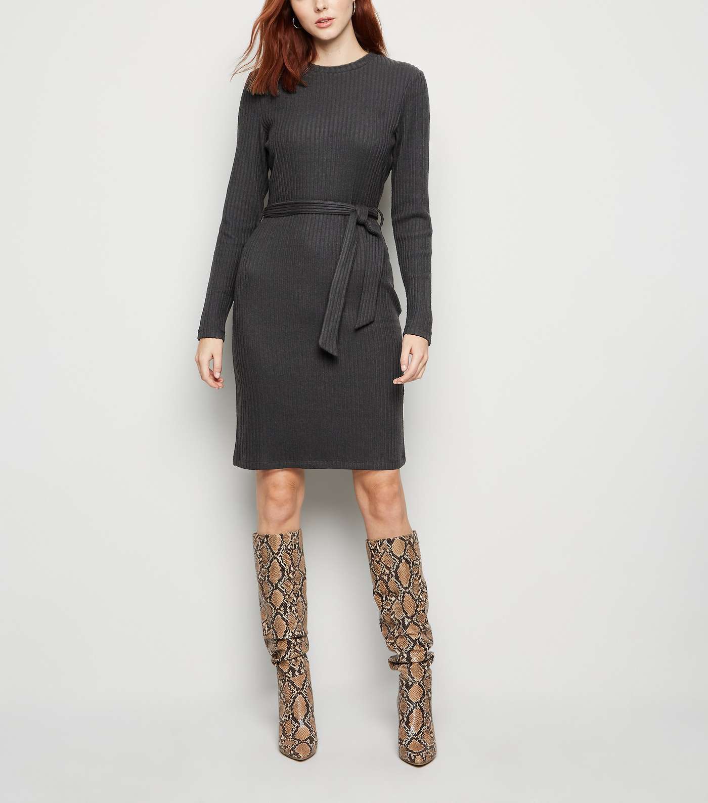 Tall Black Ribbed Knit Belted Tunic Dress Image 2