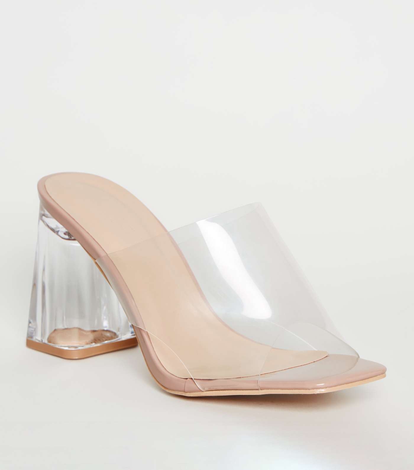 Pale Pink Patent Clear Strap Block Heel Mules
