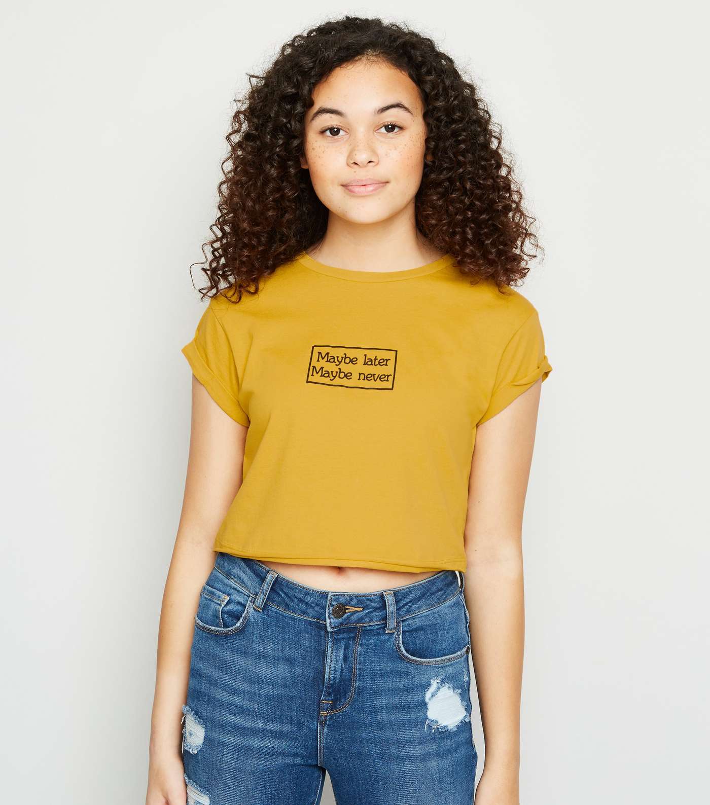 Girls Mustard Maybe Never Slogan T-Shirt