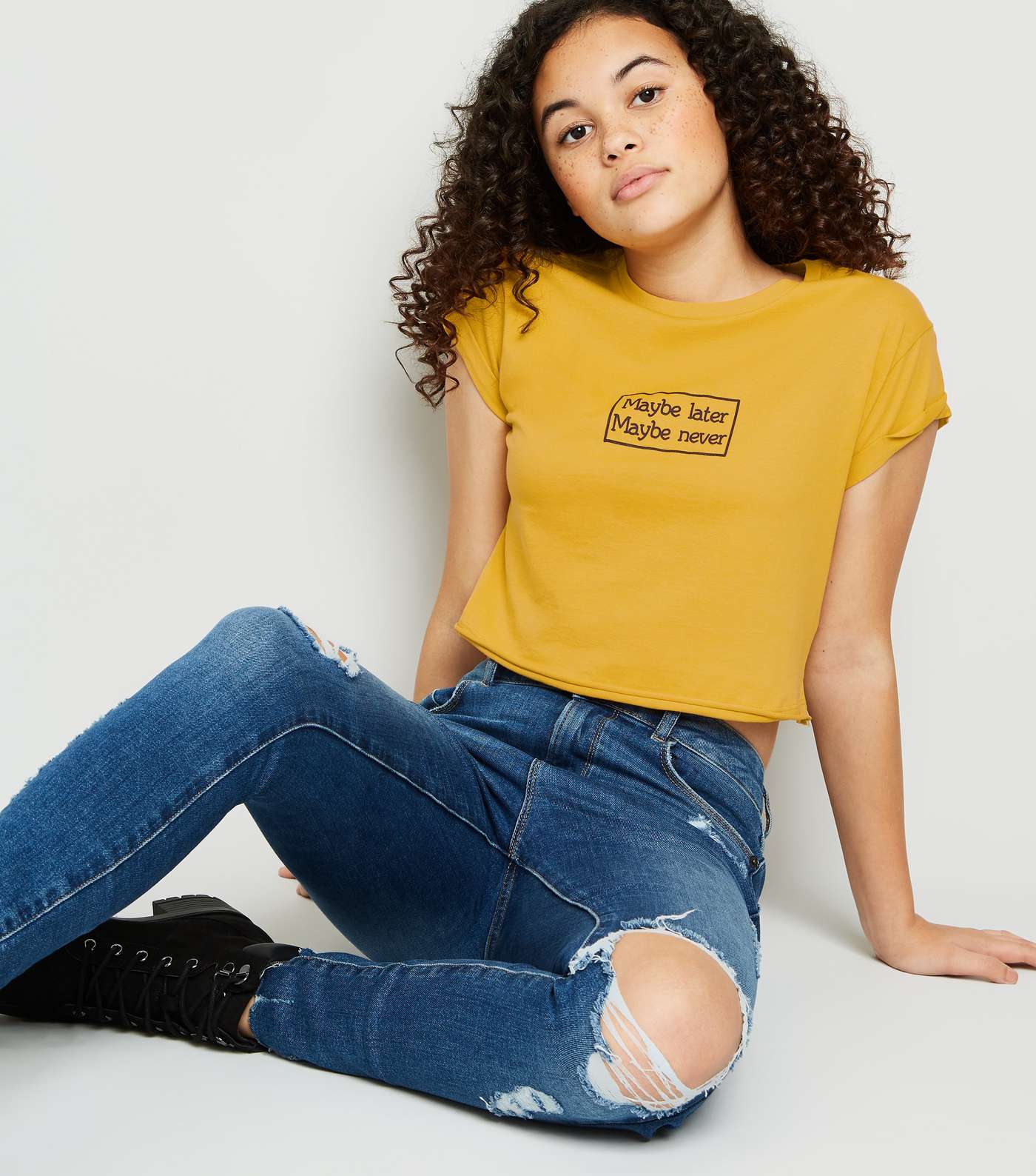 Girls Mustard Maybe Never Slogan T-Shirt Image 5