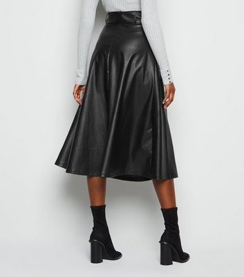 Image of Black Coated Leather-Look Belted Midi Skirt New Look