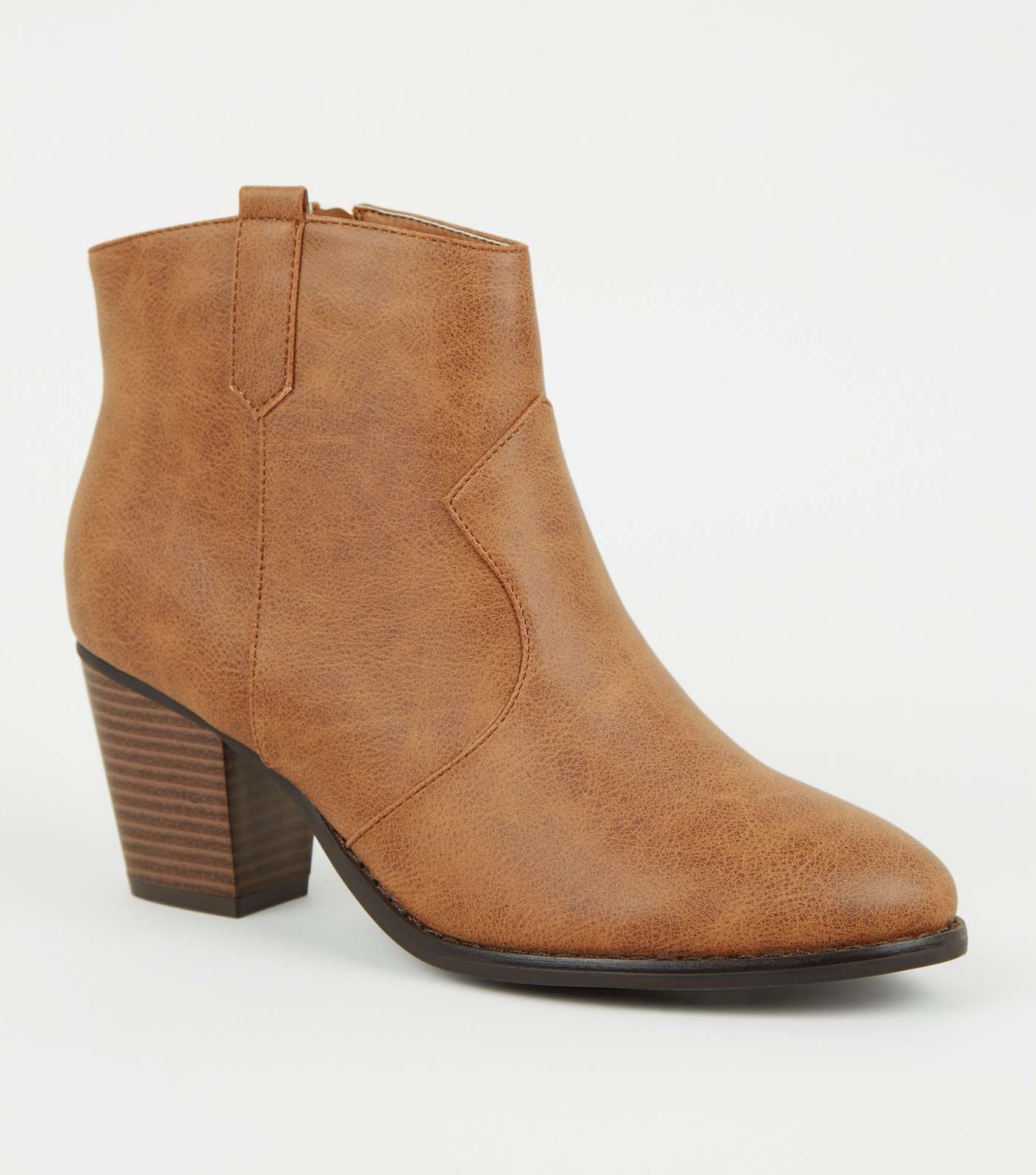Wide Fit Tan Leather-Look Heeled Western Boots