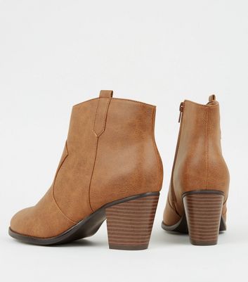 Tan Leather-Look Heeled Western Boots 
