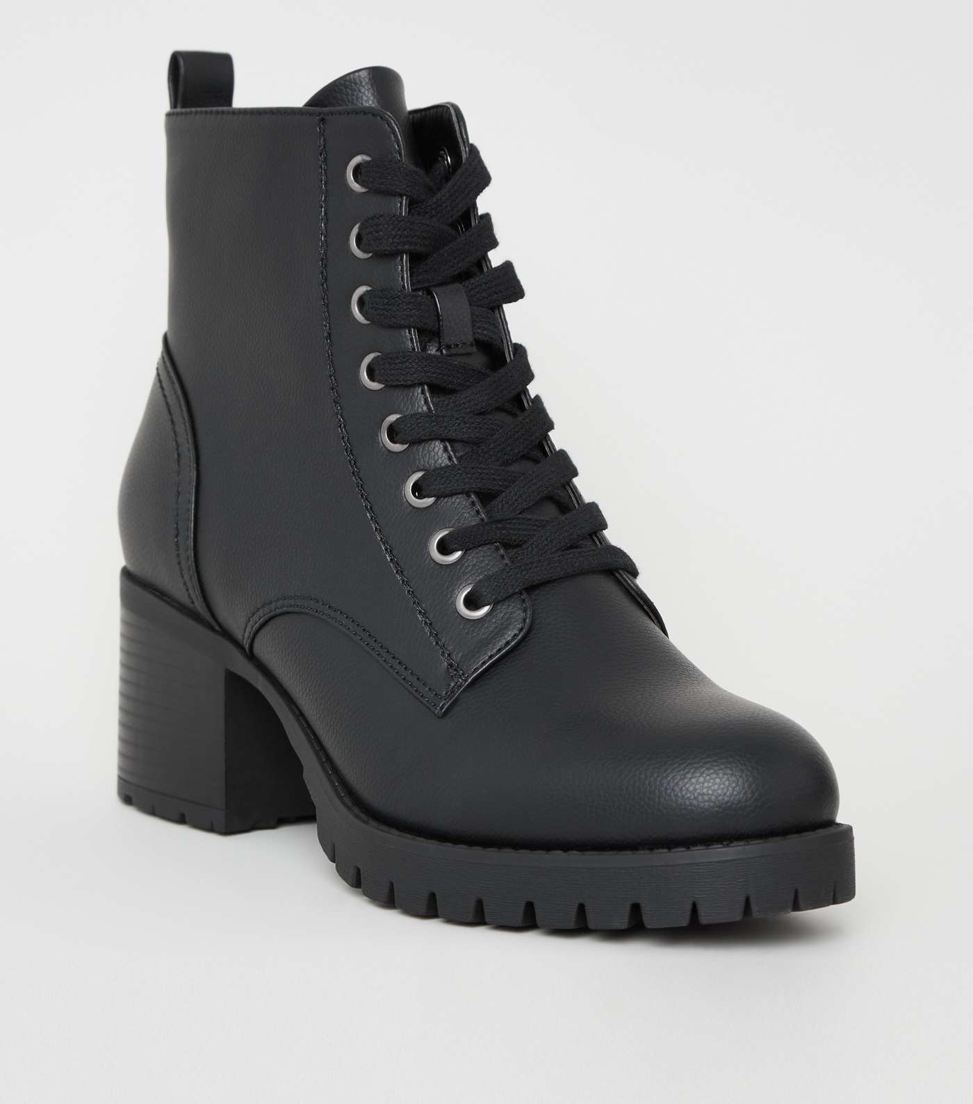 Black Leather-Look Chunky Heel Biker Boots