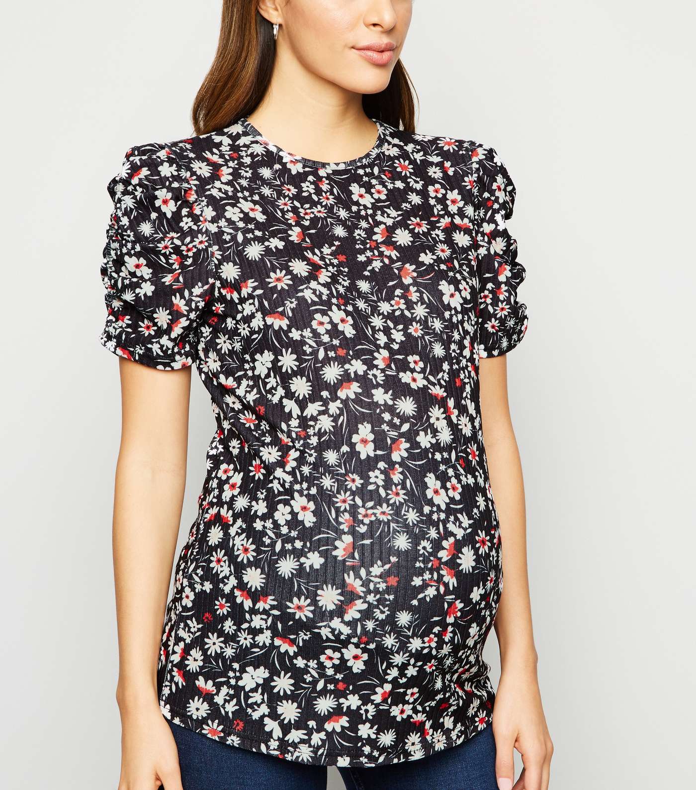 Maternity Black Floral Ruched Sleeve T-Shirt