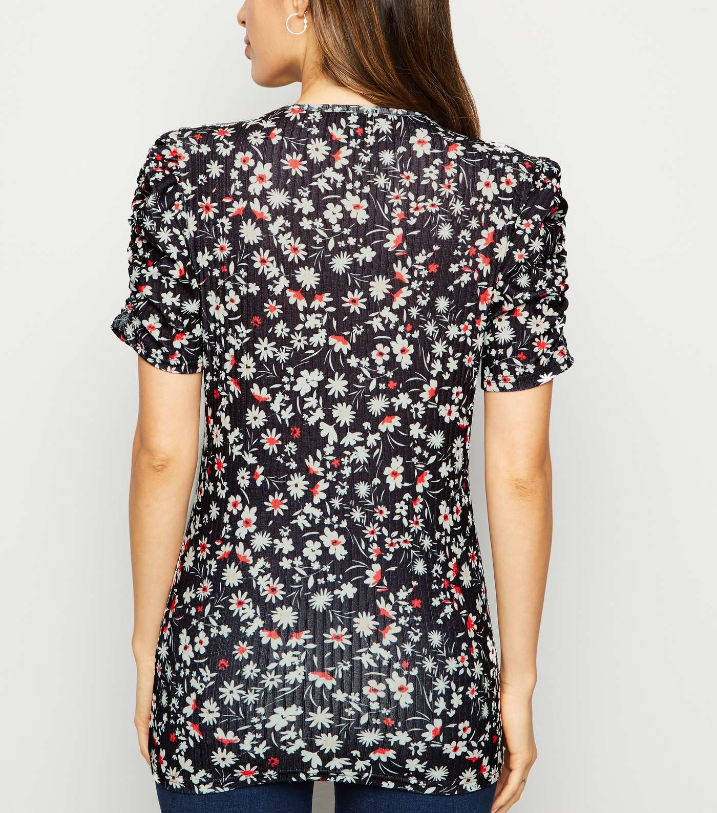 Maternity Black Floral Ruched Sleeve T-Shirt Image 3