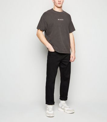 Image of Black Overdyed Be Nice Slogan T-Shirt New Look