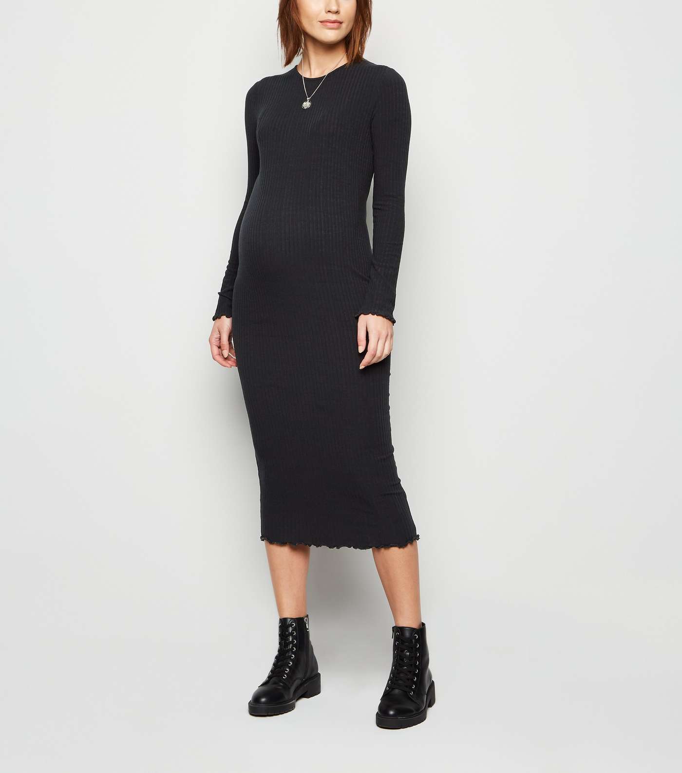 Maternity Black Ribbed Long Sleeve Midi Dress