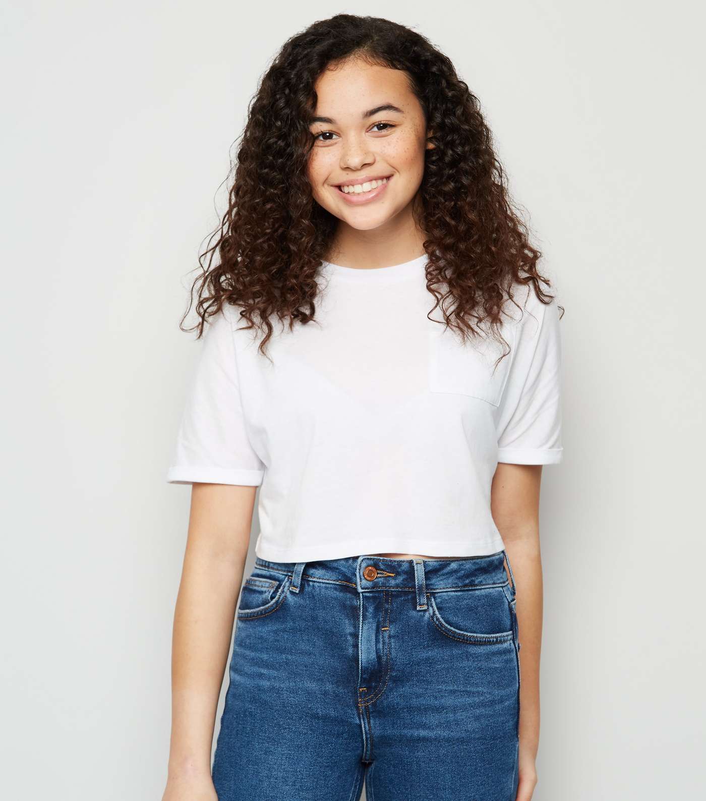 Girls White Pocket Front T-Shirt