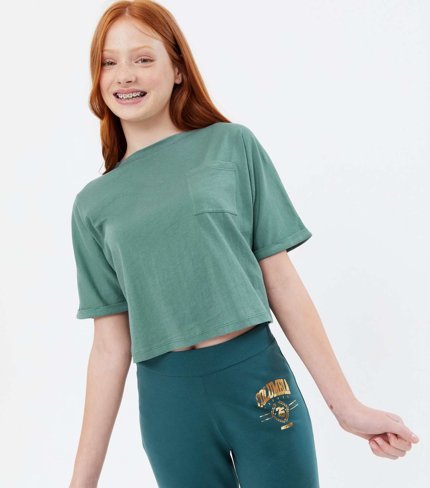 Girls Dark Green Pocket Front T-Shirt