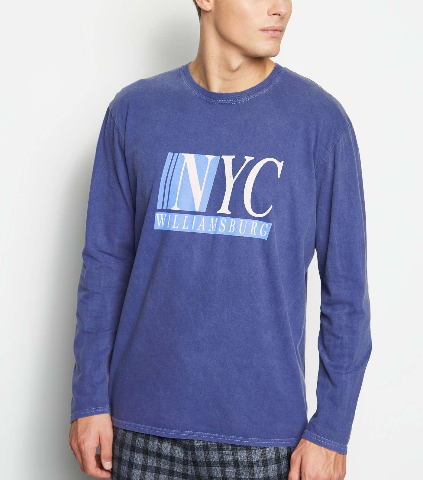 Blue Overdyed NYC Slogan Long Sleeve T-Shirt