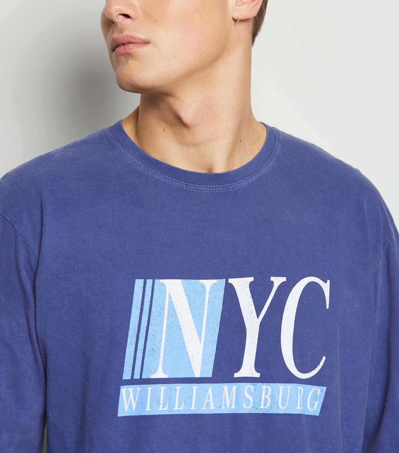 Blue Overdyed NYC Slogan Long Sleeve T-Shirt Image 5