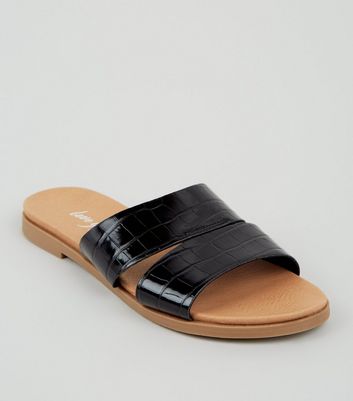 new look cross strap flat slider sandal in black croc