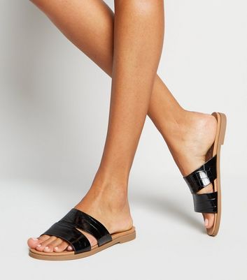 new look cross strap flat slider sandal in black croc